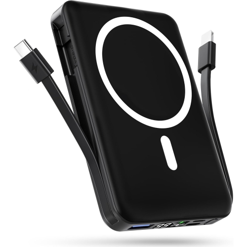 PODORU  10000Mah Magsafe Battery Pack, 22.5W Fast Charging Wireless Power Bank With Built-In Cables & Led Display (Black)
