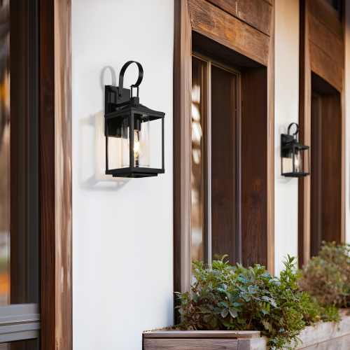 17.3 in. 1-Light Textured Black Traditional Patio Outdoor Wall Lantern Sconce Light with Clear Glass