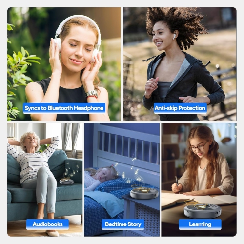 Lecteur CD portatif avec Bluetooth, lecteur CD rechargeable pour l'auto avec haut-parleurs, lecteur CD Walkman avec casque d'écoute, Discman avec