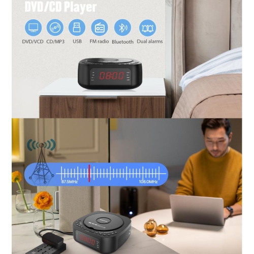 Lecteur de CD portatif, lecteur de CD stéréo avec radio FM, réveil numérique, MP3, Bluetooth, USB, télécommande