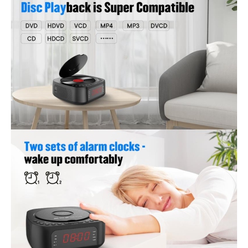 Lecteur de CD portatif, lecteur de CD stéréo avec radio FM, réveil numérique, MP3, Bluetooth, USB, télécommande