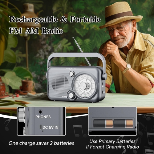 Radio portative avec radio AM FM Bluetooth, radio à ondes courtes rétro, radio à émetteur rechargeable à piles avec USB, pour haut-parleur MP3,
