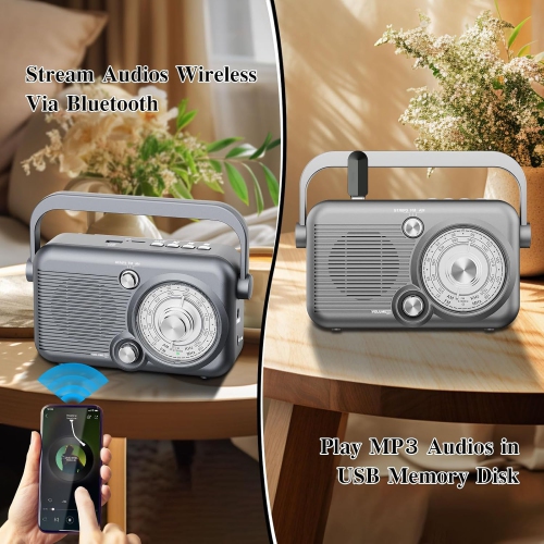 Radio portative avec radio AM FM Bluetooth, radio à ondes courtes rétro, radio à émetteur rechargeable à piles avec USB, pour haut-parleur MP3,