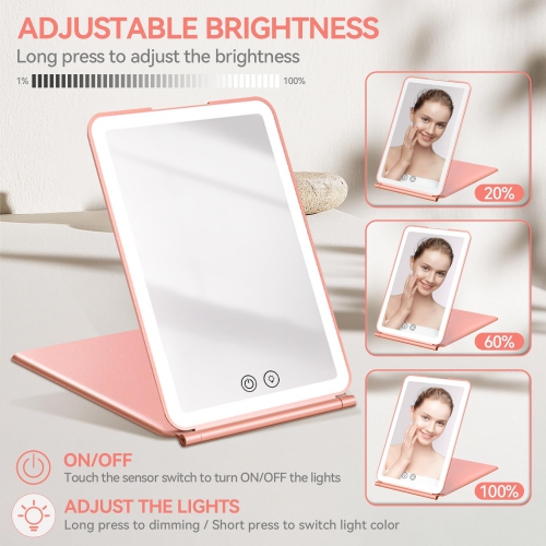 Miroir de maquillage de voyage avec lumière,Miroir de maquillage lumineux portatif,Miroir de courtoisie rechargeable à intensité réglable à 3