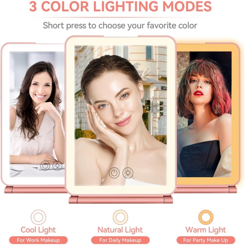 Miroir de maquillage de voyage avec lumière,Miroir de maquillage lumineux portatif,Miroir de courtoisie rechargeable à intensité réglable à 3
