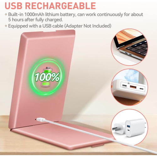 Miroir de maquillage de voyage avec lumière,Miroir de maquillage lumineux portatif,Miroir de courtoisie rechargeable à intensité réglable à 3