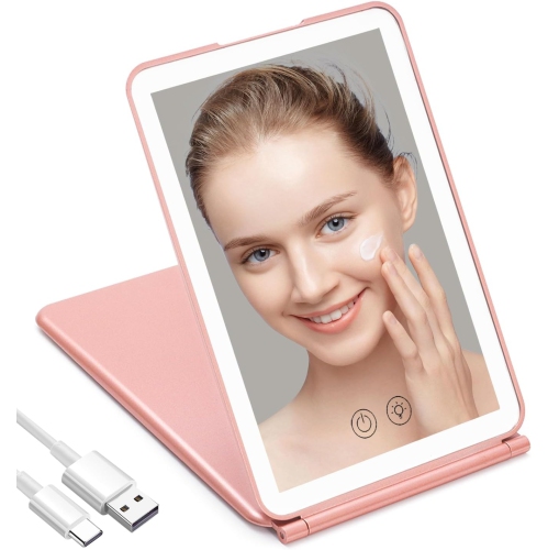 Miroir de maquillage de voyage avec lumière,Miroir de maquillage lumineux portatif,Miroir de courtoisie rechargeable à intensité réglable à 3