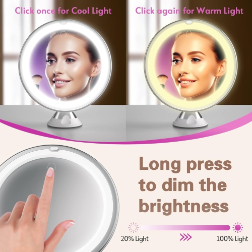 Miroir de maquillage lumineux grossissant 10x avec commandes tactiles, miroir de maquillage avec ventouse, rotation à 360°, miroir grossissant avec