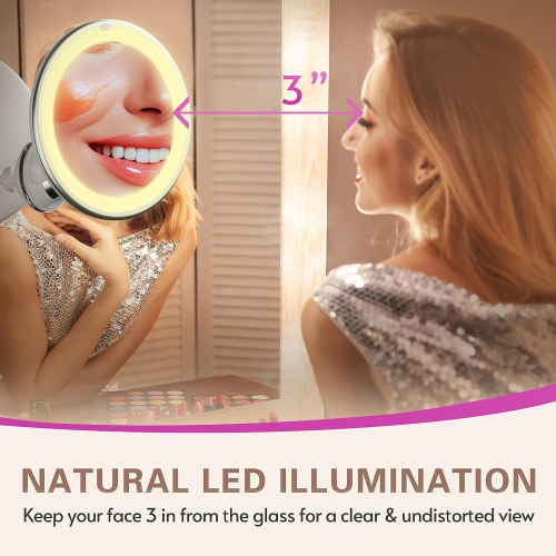 Miroir de maquillage lumineux grossissant 10x avec commandes tactiles, miroir de maquillage avec ventouse, rotation à 360°, miroir grossissant avec