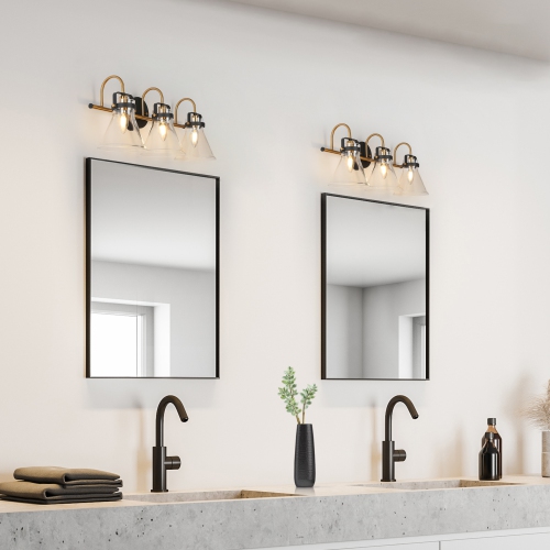 Uolfin 23.6-in 3 -Light Matte Black with Clear Bell Glass Shade Modern/contemporary Bathroom Vanity light Powder Room Light Fixture