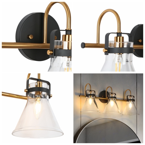 Uolfin 23.6-in 3 -Light Matte Black with Clear Bell Glass Shade Modern/contemporary Bathroom Vanity light Powder Room Light Fixture