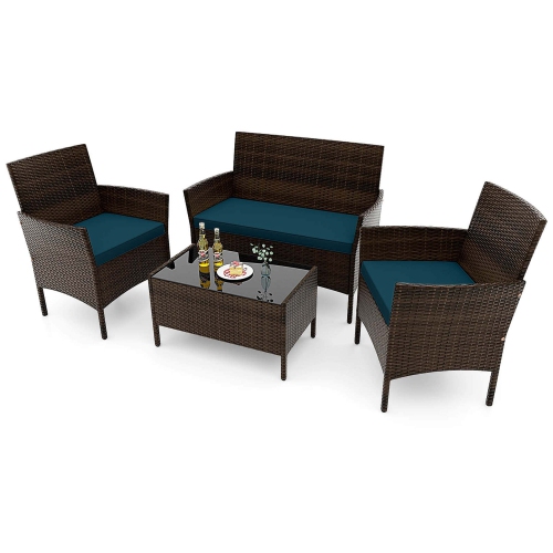 Costway 4 PCS Patio Furniture Set with Washable Cushions and Tempered Glass Coffee Table