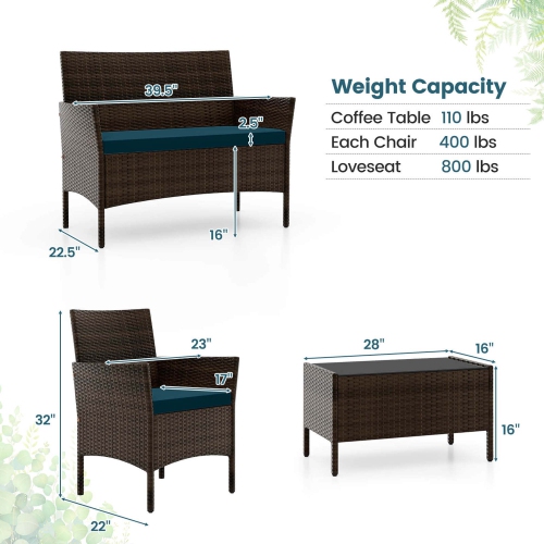 Costway 4 PCS Patio Furniture Set with Washable Cushions and Tempered Glass Coffee Table