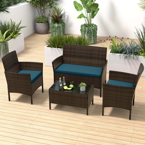 Costway 8 PCS Patio Furniture Set with Washable Cushions and Tempered Glass Coffee Table