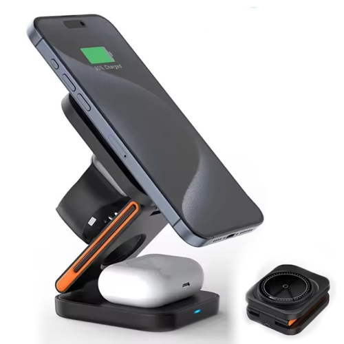 30W 3 in 1 Foldable Charging Station Fast Magnetic Wireless Charger Stand for iPhone 15 14 13 12 Apple Watch 8 7 6 Airpods Pro(Black)