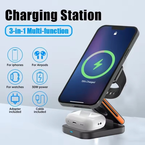 30W 3 in 1 Foldable Charging Station Fast Magnetic Wireless Charger Stand for iPhone 15 14 13 12 Apple Watch 8 7 6 Airpods Pro(White)
