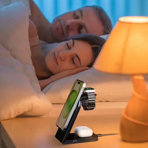 Station de chargement magnétique sans fil 3-en-1 Support de chargement MagSafe pour iPhone 16/15 Pro Max Apple Watch 9/8/7/6/5 AirPods 3 2