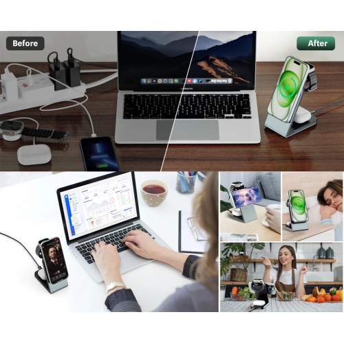 Station de chargement magnétique sans fil 3-en-1 Support de chargement MagSafe pour iPhone 16/15 Pro Max Apple Watch 9/8/7/6/5 AirPods 3 2
