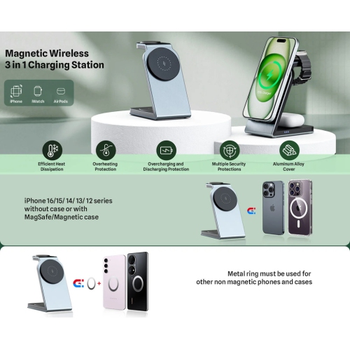 Station de chargement magnétique sans fil 3-en-1 Support de chargement MagSafe pour iPhone 16/15 Pro Max Apple Watch 9/8/7/6/5 AirPods 3 2