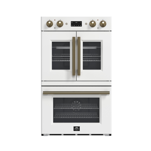 Forno Asti 30-Inch Double Electric Wall Oven with Upper French Doors in White & Antique Brass, 7.36 cu. ft. Dual True Convection, 7,200W, Air Fry,