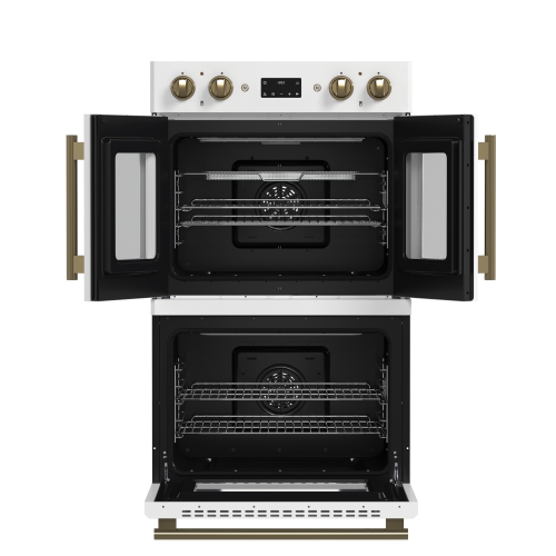 Forno Asti 30-Inch Double Electric Wall Oven with Upper French Doors in White & Antique Brass, 7.36 cu. ft. Dual True Convection, 7,200W, Air Fry,