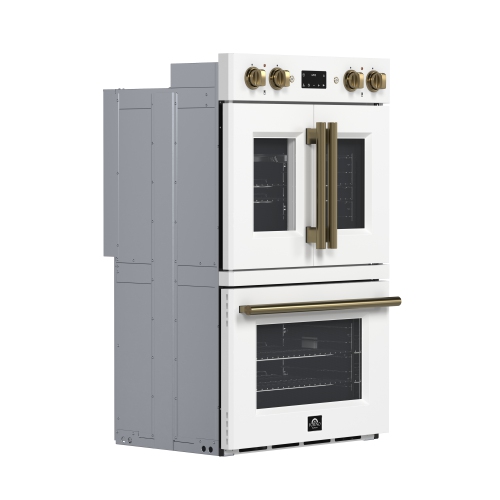 Forno Asti 30-Inch Double Electric Wall Oven with Upper French Doors in White & Antique Brass, 7.36 cu. ft. Dual True Convection, 7,200W, Air Fry,