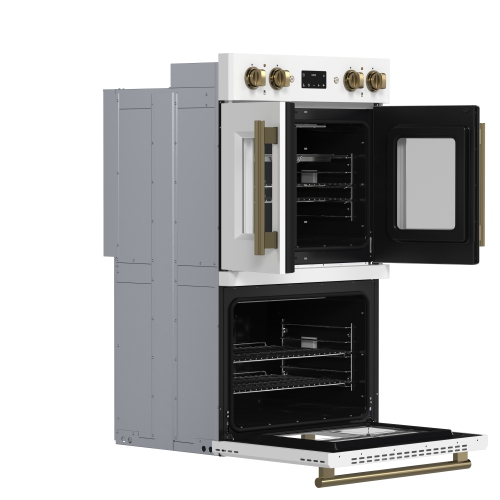Forno Asti 30-Inch Double Electric Wall Oven with Upper French Doors in White & Antique Brass, 7.36 cu. ft. Dual True Convection, 7,200W, Air Fry,