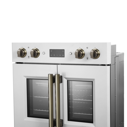 Forno Asti 30-Inch Double Electric Wall Oven with Upper French Doors in White & Antique Brass, 7.36 cu. ft. Dual True Convection, 7,200W, Air Fry,