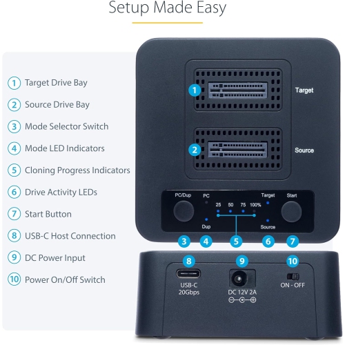 StarTech.com 1:Duplicateur de disque NVMe 1&nbsp;M.2 – Clonateur autonome M.2 SSD avec station d'accueil à deux baies USB-C 3,2 20&nbsp;Gb/s