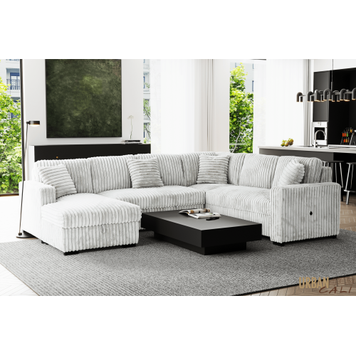 URBAN CALI  Atherton Opulence Plush Light Minky Corduroy Large Sleeper Sectional Sofa Bed With Storage Chaise (Light / Left Facing Chaise) In Grey
