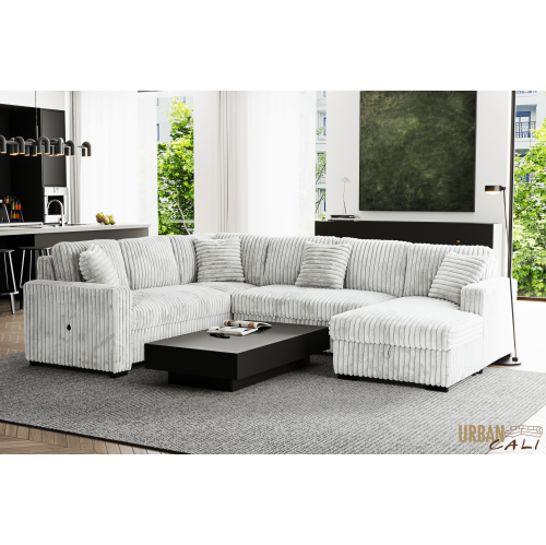 Canapé-lit modulaire en velours côtelé feuilleté gris pâle Atherton Opulence d'Urban Cali avec chaise de rangement