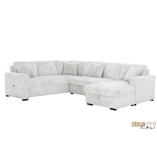 Canapé-lit modulaire en velours côtelé feuilleté gris pâle Atherton Opulence d'Urban Cali avec chaise de rangement