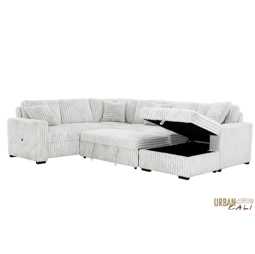 Canapé-lit modulaire en velours côtelé feuilleté gris pâle Atherton Opulence d'Urban Cali avec chaise de rangement