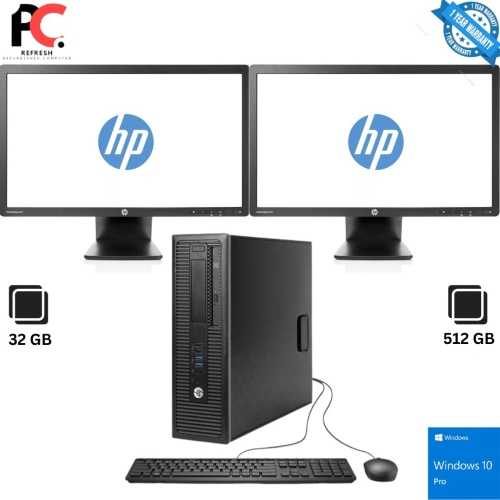 Refurbished - HP EliteDesk 800 G1 SFF Desktop + Dual (2) HP 23'' Monitors Intel Core i7-4770 3.40GHz 32GB RAM, 512 GB SSD, WiFi, Keybord