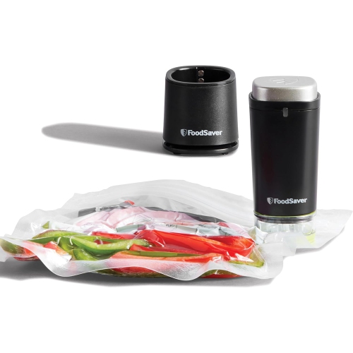 Image 1 of 7.. FoodSaver V1100 Handheld Vacuum Sealer with Charging Base & 2 Quart-Sized Zipper Bags, Cordless, Black