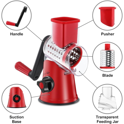 GDL Rotary Cheese Grater with 3 Drum Blades for Kitchen, Vegetable Slicer, Fast Cutting Shredder for Cheese, Vegetables, and Nuts