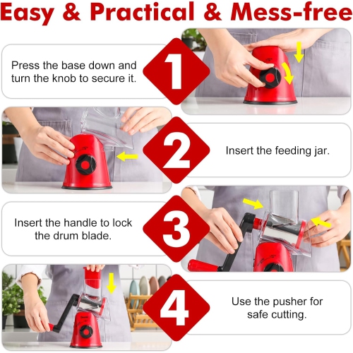 GDL Rotary Cheese Grater with 3 Drum Blades for Kitchen, Vegetable Slicer, Fast Cutting Shredder for Cheese, Vegetables, and Nuts