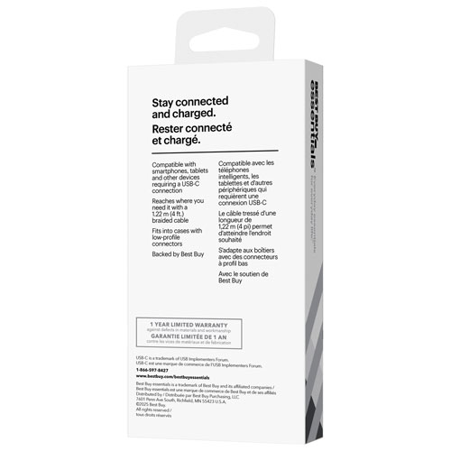 Best Buy Essentials Braided 1.2m (3.9 ft.) USB-C Cable (BE-MCA4CCB-C) - Black - Only at Best Buy