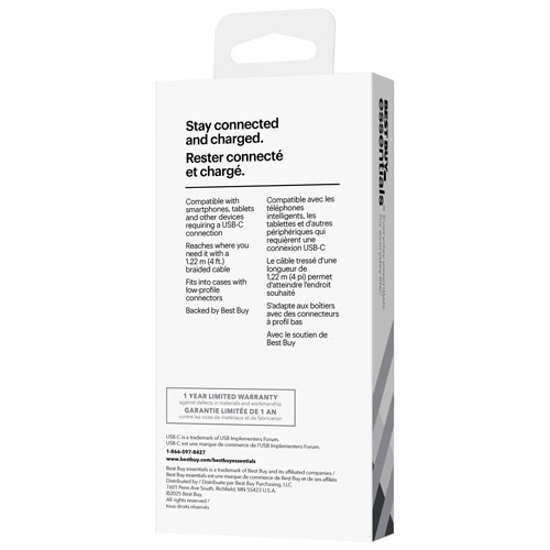Best Buy Essentials 1.2m (3.9 ft.) Braided USB-C to USB-A Cable (BE-MCA4CAB-C) - Black - Only at Best Buy