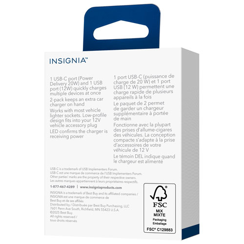 Insignia 32W Dual USB-C/USB-A Car Charger - 2 Pack - Black