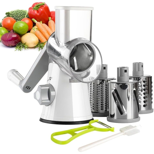 Image 1 of 8.. Ourokhome Rotary Cheese Grater Hand Crank, Kitchen Shredder with 3 Drum Blades for Cheese, Vegetables, and Nuts, White