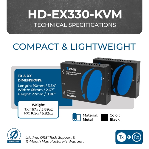 OREI 1080p HDMI Extender - 330ft (Cat6) (HD-EX330-KVM)