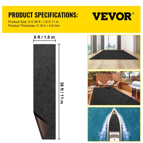 VEVOR 6 x 36 ft Marine Carpet, Boat Carpeting, Charcoal Black Marine Grade Boat Carpet, Indoor/Outdoor Marine Carpeting with Water-proof TPR Backing,