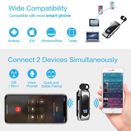 Casque d'écoute sans fil rétractable Casque stéréo écouteur V5.0 à suppression du bruit Microphone à pince sur oreillette Casque d'écoute mains