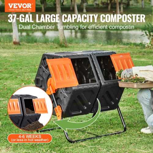 VEVOR 37-Gal Compost Bin, Dual Chamber Composting Tumbler, High Volume Two Rotating Chambers with 2 Sliding Door and Steel Frame, BPA Free Composter