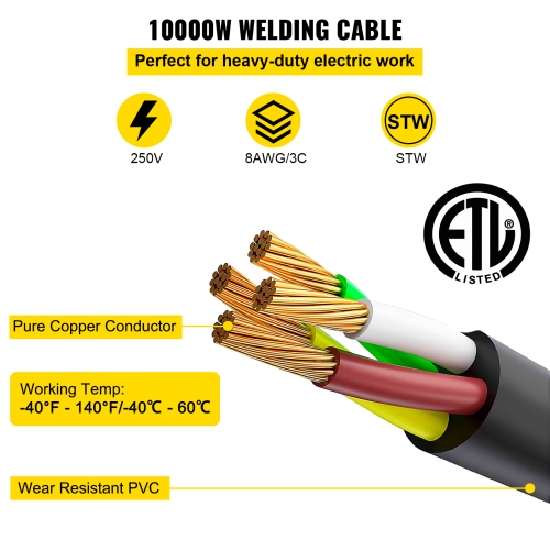 VEVOR 40Amp 25ft 250V Welder Extension Cord, Welding Power Cord with NEMA 6-50 Plug 8 Gauge 3 Prong for MIG,Lincoln,Plasma,Miller,TIG