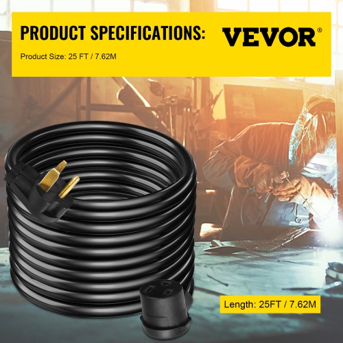 VEVOR 40Amp 25ft 250V Welder Extension Cord, Welding Power Cord with NEMA 6-50 Plug 8 Gauge 3 Prong for MIG,Lincoln,Plasma,Miller,TIG