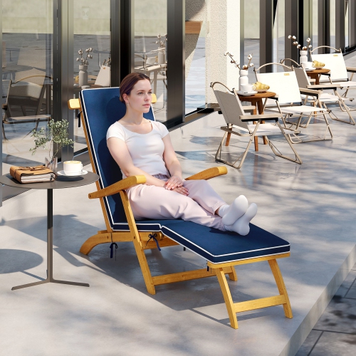Chaise longue extérieure Outsunny, chaise longue inclinable pliante en bois d'acacia avec repose-pieds réglable, coussin rembourré, dossier
