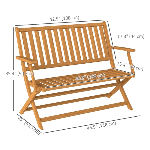 Outsunny Outdoor Bench, 46.5 inches Foldable Acacia Wood Loveseat with Backrest and Armrests, 705 lbs. Weight Capacity Garden Bench for Outdoors,