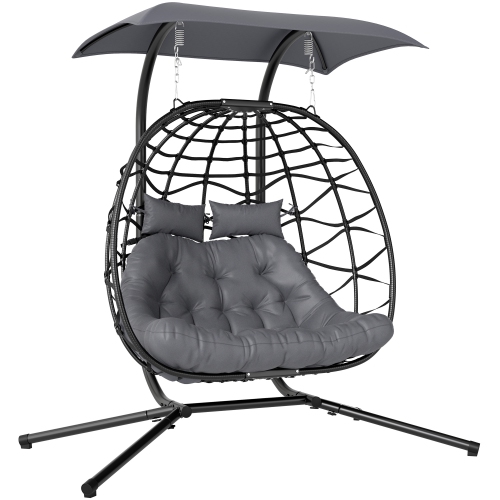 OUTSUNNY  Double Hanging Egg Chair w Canopy, Foldable Wicker Egg Swing Chair w Steel Stand, Cushion, Headrest, Indoor Outdoor Hammock Chair, 573Lbs